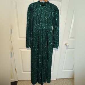 Faeriesty Emerald Green Sequin Long-Sleeve Evening Dress